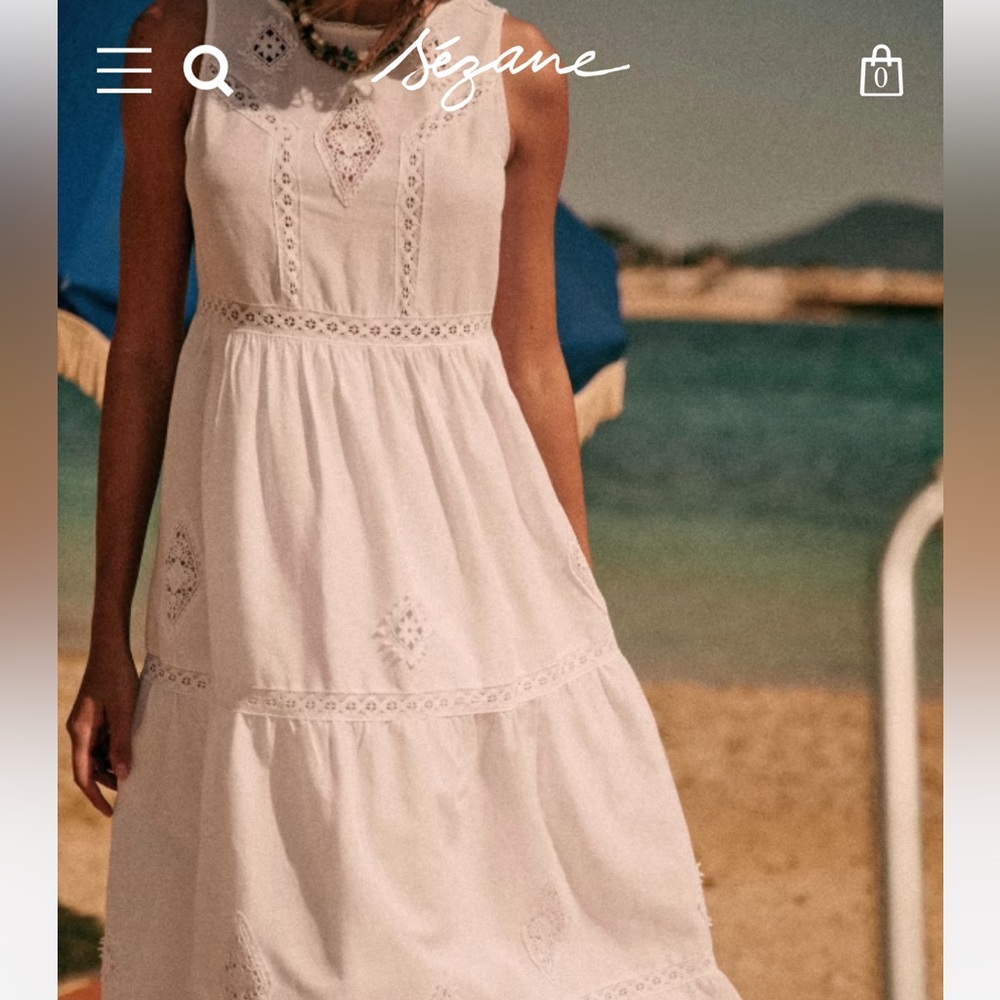 Sezane white cotton linen midi dress